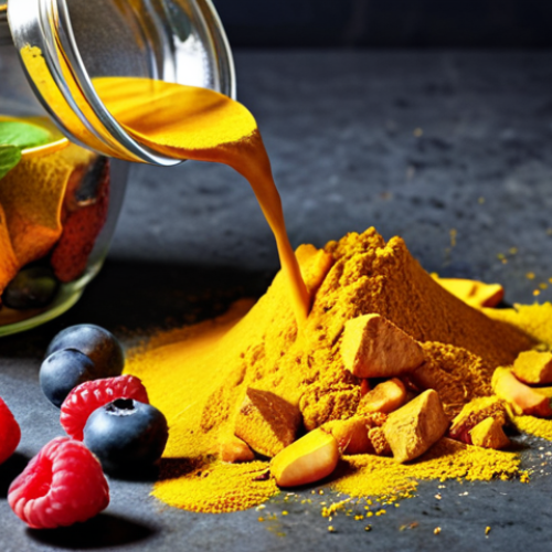 Home 11 **
Prompt: "Golden turmeric powder spilling, vibrant ginger root slices, handful of mixed berries (blueberries, raspberries, strawberries), green tea leaves swirling in water. Anti-inflammatory superfoods concept. Warm, inviting lighting."
**