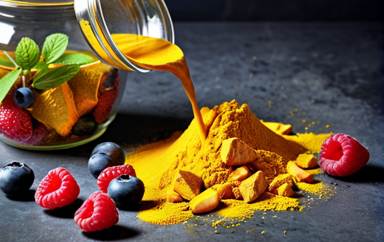 **

Prompt: "Golden turmeric powder spilling, vibrant ginger root slices, handful of mixed berries (blueberries, raspberries, strawberries), green tea leaves swirling in water. Anti-inflammatory superfoods concept. Warm, inviting lighting."

**