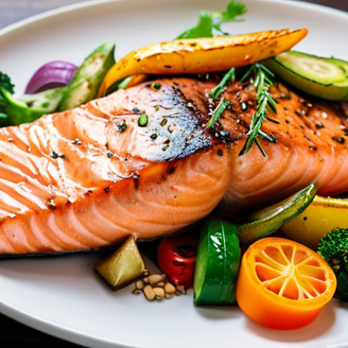 Home 6 **Grilled salmon with colorful vegetables on a plate, showcasing omega-3 rich foods and antioxidants. Focus on vibrant colors and healthy presentation. (폴란드 식재료를 사용하여 표현)**