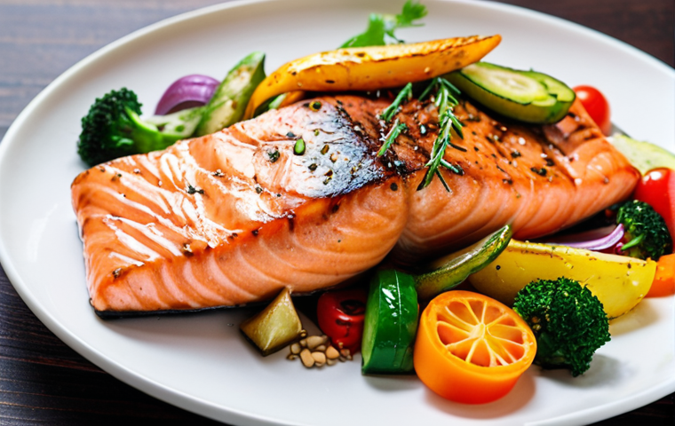 **Grilled salmon with colorful vegetables on a plate, showcasing omega-3 rich foods and antioxidants. Focus on vibrant colors and healthy presentation. (폴란드 식재료를 사용하여 표현)**