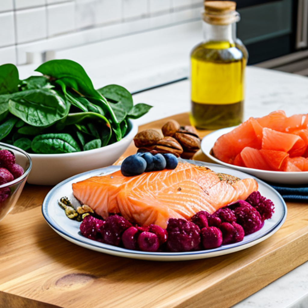 Colorful and Nutritious Meal**

A vibrant and appetizing display of anti-inflammatory foods: berries, red beets, spinach, salmon, walnuts, and olive oil. The scene is a bright, modern kitchen setting. Ingredients are arranged artfully on a wooden cutting board and in glass bowls. Focus on capturing the rich colors and textures of the food. safe for work, appropriate content, fully clothed, professional, perfect anatomy, natural proportions, high quality.

**