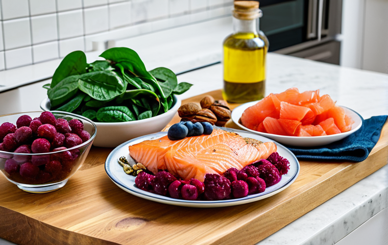 Colorful and Nutritious Meal**

A vibrant and appetizing display of anti-inflammatory foods: berries, red beets, spinach, salmon, walnuts, and olive oil. The scene is a bright, modern kitchen setting. Ingredients are arranged artfully on a wooden cutting board and in glass bowls. Focus on capturing the rich colors and textures of the food. safe for work, appropriate content, fully clothed, professional, perfect anatomy, natural proportions, high quality.

**