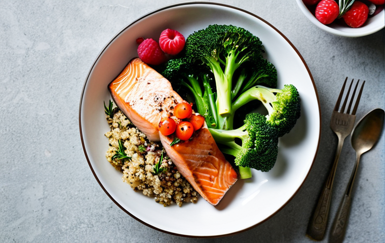 Anti-Inflammatory Meal**

A vibrant, overhead shot of a balanced, colorful anti-inflammatory meal. It includes grilled salmon, steamed broccoli, quinoa, and a side of fresh berries. Garnish with a sprig of rosemary. Natural lighting, focus on fresh ingredients, fully clothed, appropriate content, safe for work, perfect anatomy, natural proportions, professional food photography, high quality, family-friendly.

**