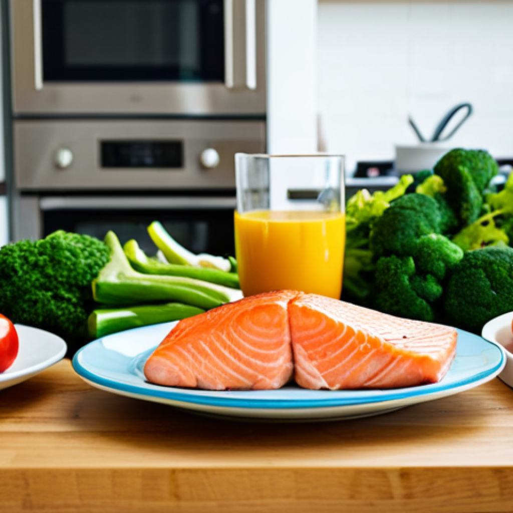 Balanced Diet & Inflammation**

"A vibrant photograph showcasing a colorful and healthy meal. Abundant vegetables, fruits, and a portion of salmon are arranged artfully on a plate. Background shows a bright and modern kitchen. Focus on fresh, whole foods. fully clothed, safe for work, appropriate content, family-friendly, perfect anatomy, natural proportions, professional food photography, high quality."

**