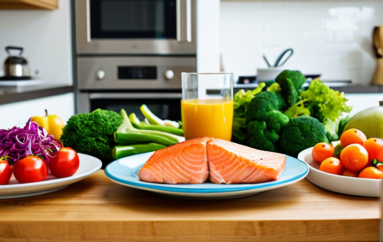 Balanced Diet & Inflammation**

"A vibrant photograph showcasing a colorful and healthy meal. Abundant vegetables, fruits, and a portion of salmon are arranged artfully on a plate. Background shows a bright and modern kitchen. Focus on fresh, whole foods. fully clothed, safe for work, appropriate content, family-friendly, perfect anatomy, natural proportions, professional food photography, high quality."

**