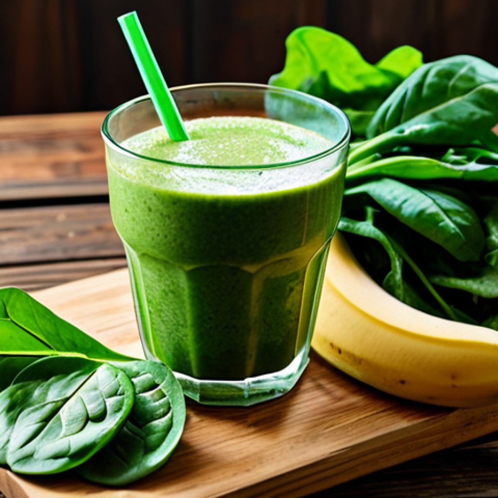 항염증 식단을 위한 비건 레시피 - **Green Smoothie:** "A vibrant green smoothie in a glass, surrounded by fresh spinach, kale, apple s...