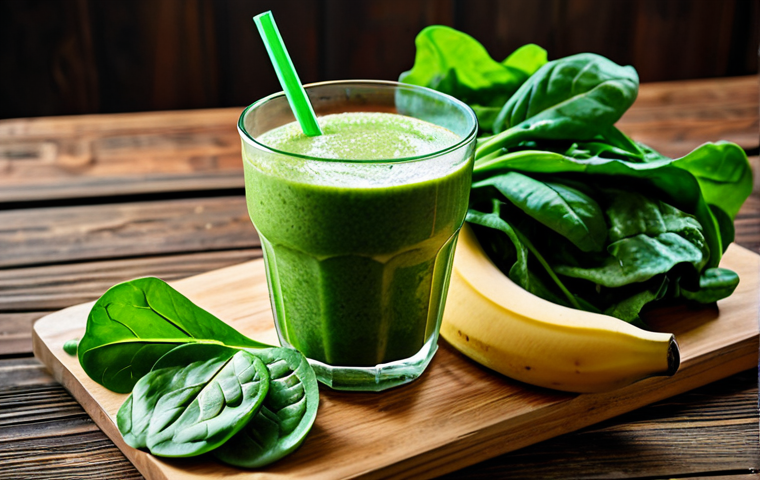 항염증 식단을 위한 비건 레시피 - **Green Smoothie:** "A vibrant green smoothie in a glass, surrounded by fresh spinach, kale, apple s...