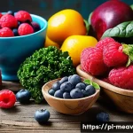 Home 22 항염증 식단을 위한 영양 정보 - A vibrant, detailed still life of a colorful assortment of fresh fruits and vegetables on a rustic w...