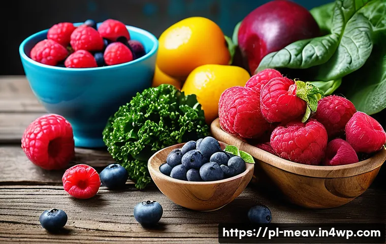 항염증 식단을 위한 영양 정보 - A vibrant, detailed still life of a colorful assortment of fresh fruits and vegetables on a rustic w...