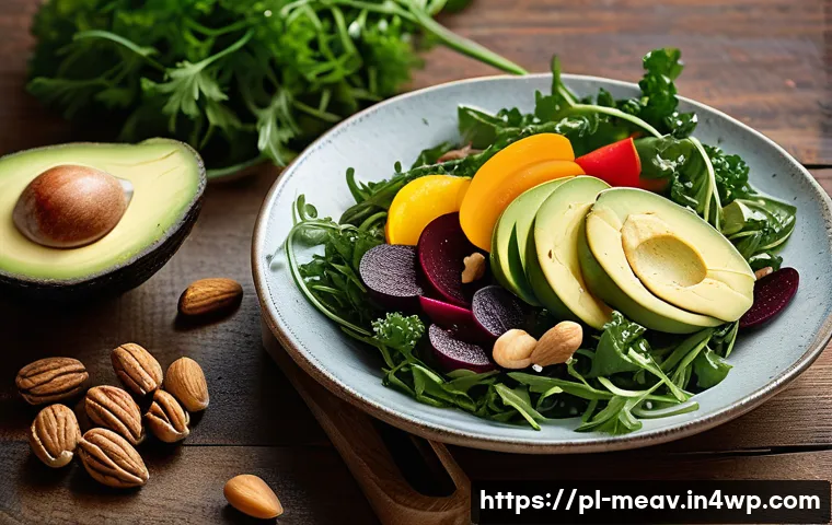 항염증 식단을 통한 에너지 증진 - A vibrant, detailed still life of a Mediterranean-inspired healthy meal featuring a rustic wooden ta...