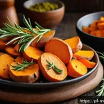 Home 19 항염증 식단을 위한 고구마 요리법 - A rustic kitchen scene featuring a wooden table with freshly baked sweet potato slices and cubes, go...