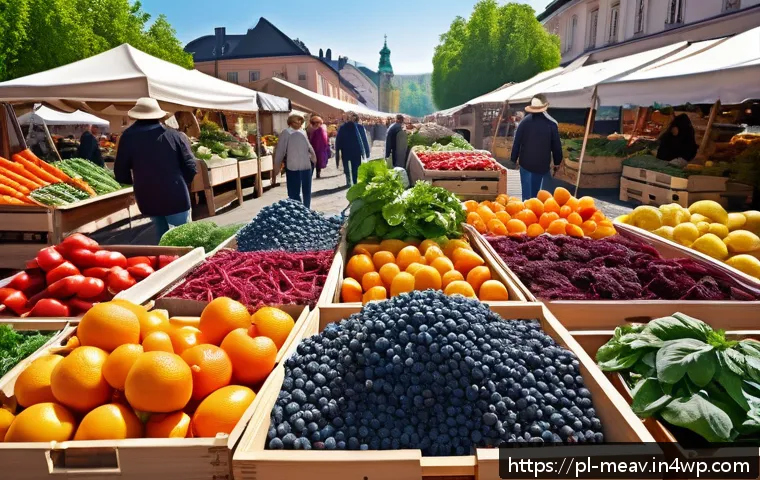 항염증 식단의 지속 가능한 실천법 - A vibrant, colorful Polish farmer’s market scene in spring, featuring fresh fruits and vegetables li...