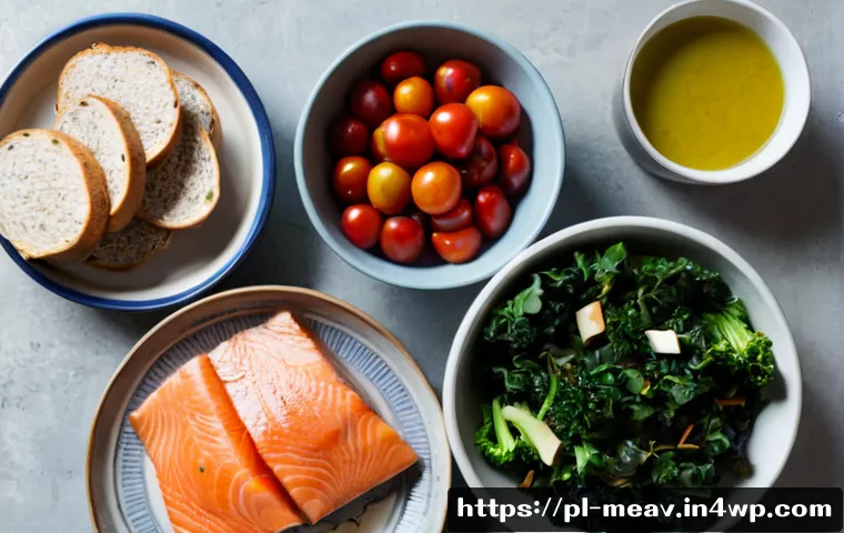 Home 17 항염증 식단을 위한 주간 쇼핑 리스트 - Photorealistic overhead view of a neatly organized weekly anti-inflammatory grocery haul on a light ...