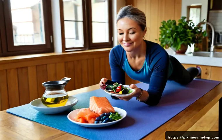 Home 17 항염증 식단과 운동의 시너지 효과 - Photorealistic bright Polish home kitchen and living room scene showing anti-inflammatory diet and e...