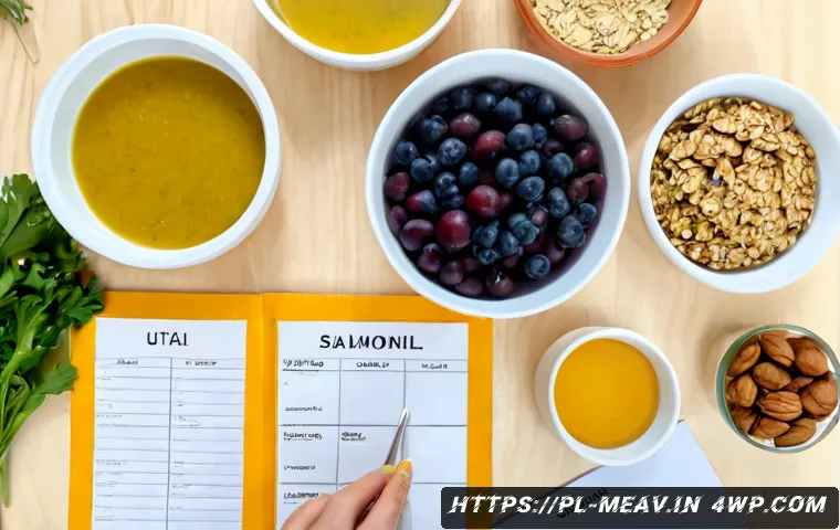 Home 17 염증 감소를 위한 식단 계획 작성법 - Photorealistic overhead kitchen scene for planning an anti-inflammatory diet, a Polish home cook arr...