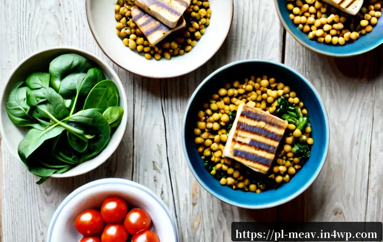 Home 30 항염증 식단을 위한 고기 대체 식품 - Photorealistic overhead kitchen scene featuring anti-inflammatory meat alternatives: grilled tofu, c...