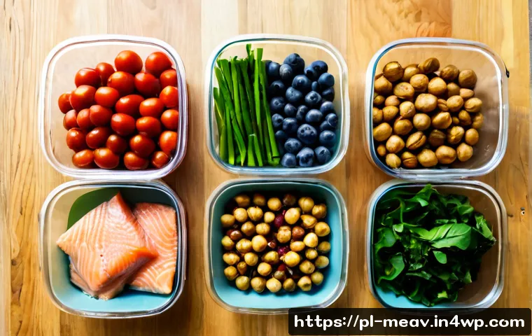Home 17 항염증 식단을 위한 일주일 식사 계획 - Photorealistic overhead view of a Polish anti-inflammatory weekly meal-prep scene, seven neat glass ...