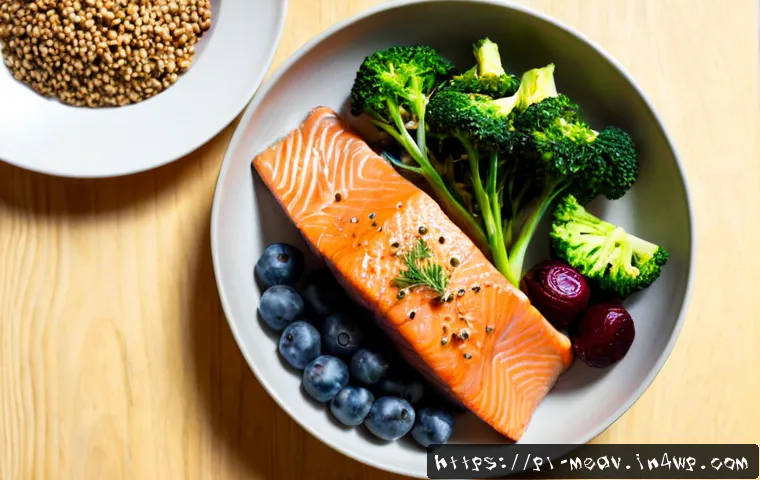 Home 17 항염증 식단을 위한 건강한 조리법 - Photorealistic overhead view of a healthy anti-inflammatory Polish-inspired meal preparation on a li...